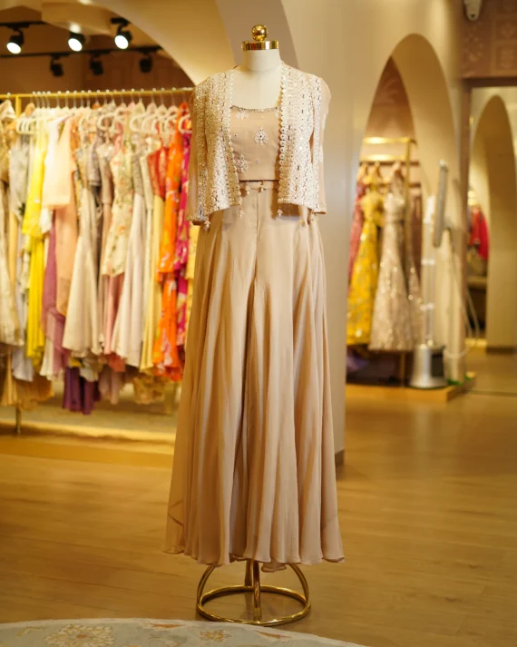 Beige Plazo Bustier With Cape