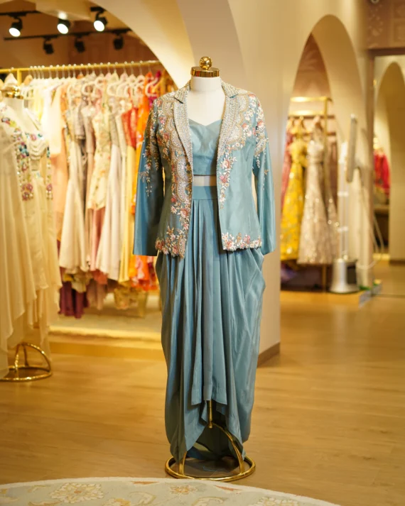 Blue Drape Skirt with Hand Work Blazer