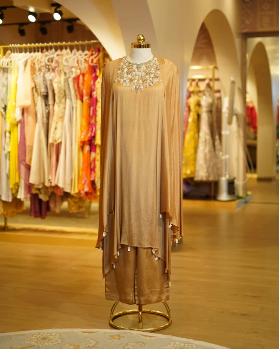 Brown Gold Pants With Gold Hand Work Cape Set