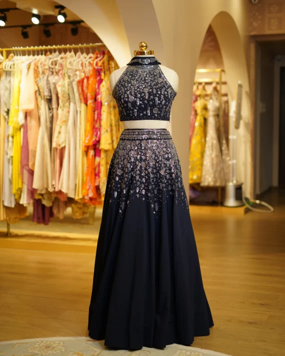 Navy Blue Lehenga With Holter Neck Blouse