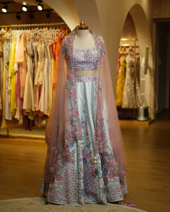 Ice Blue Lehenga Floral Embroidery With Pastel Net Dupatta
