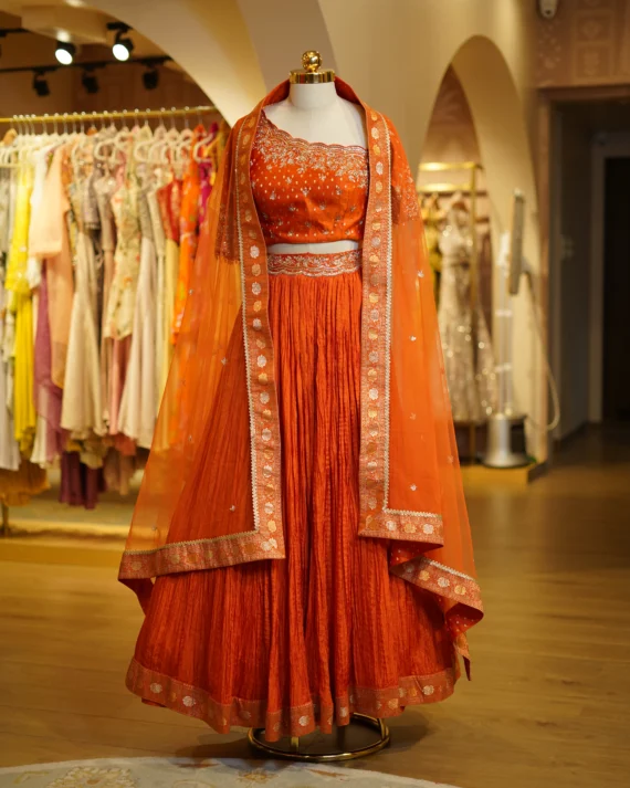 Bright Orange Lehenga One Shoulder Blouse