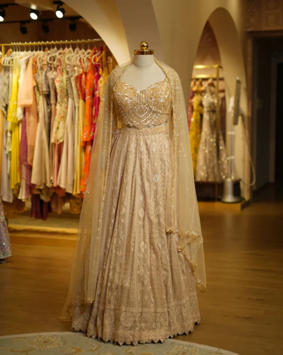 Beige Lehenga With Embroidered Blouse with Net Dupatta