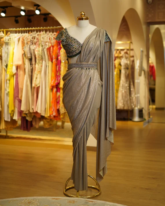 Green And Metallic Drape Saree