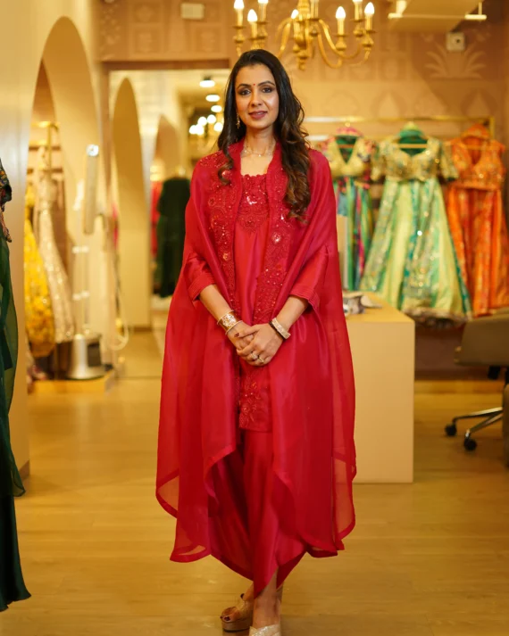 Red  Kurta And High-Low Pants With Embroidered Cape