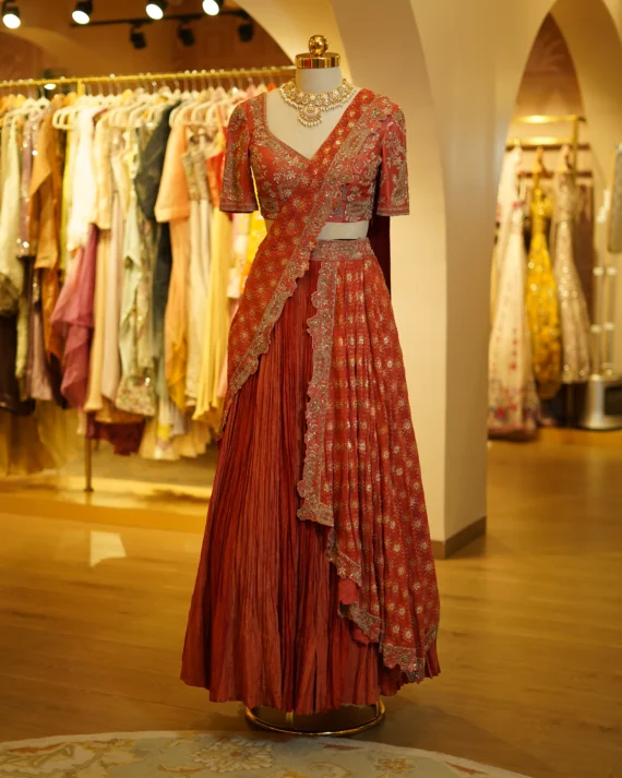 Rust Lehenga With Attached Draped Dupatta