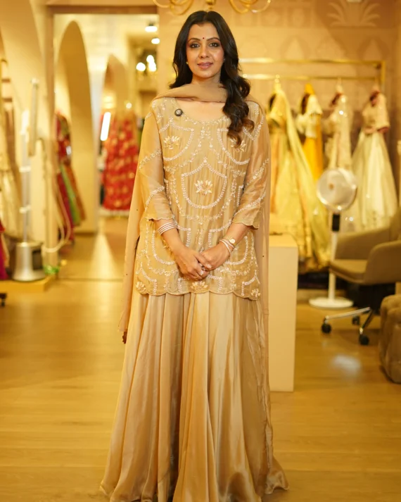 Gold Handwork Kurta With Flared Skirt & Dupatta