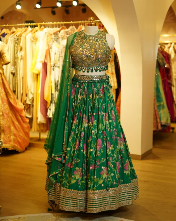 Green Printed Lehenga With Gota Work