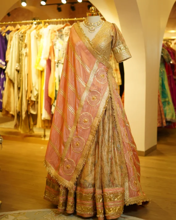 Tissue Lehenga With Traditional Zari And Gota Work