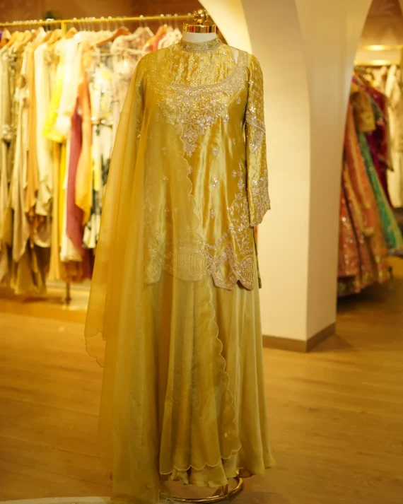 Gold Embroidery Kurta With Soft Silk Skirt And Organza Dupatta