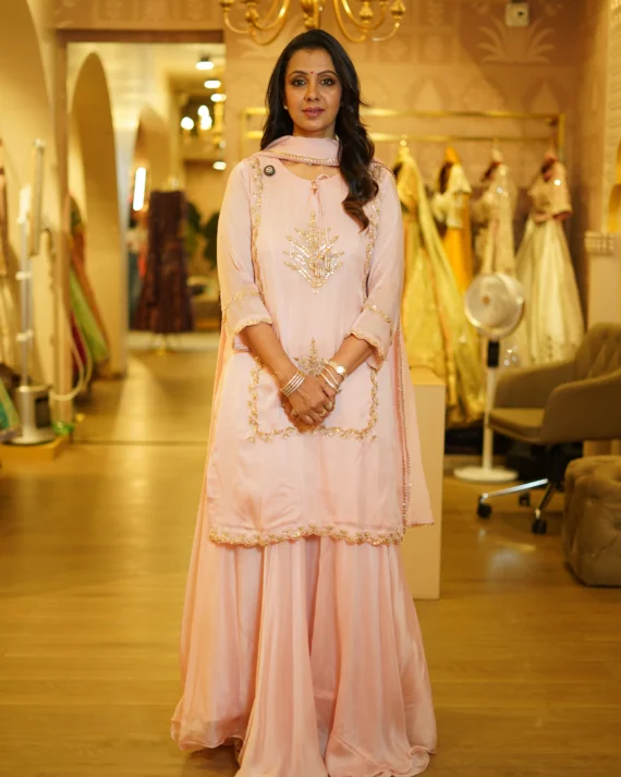 Baby Pink Hand Work Kurta With Silk Skirt And Dupatta
