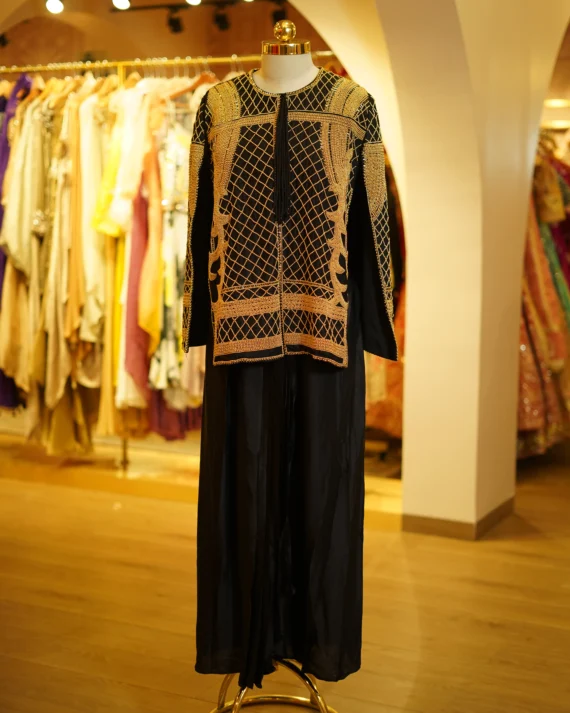 Black Cape With Gold Hand Work And Drape Skirt