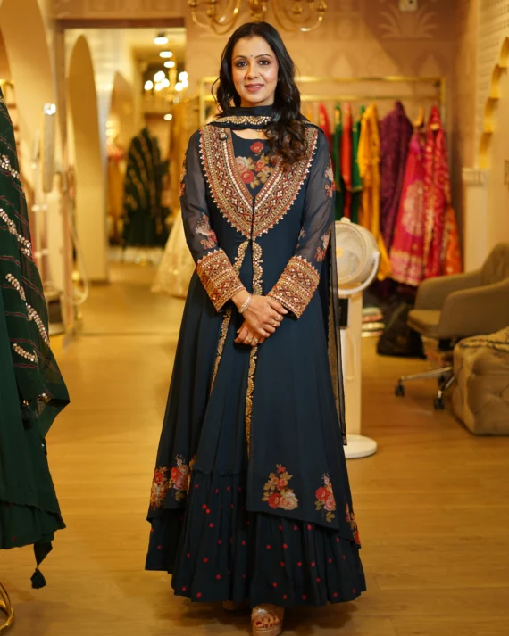 Navy Blue Anarkali With Handwork Jacket