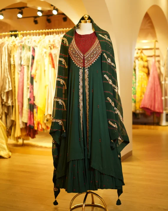 Bottle-Green Anarkali With Hand Work Jacket