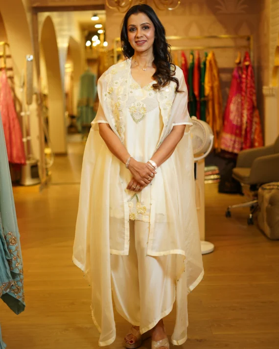 Ivory Kurta And High-Low Pants With  Embroidered Cape