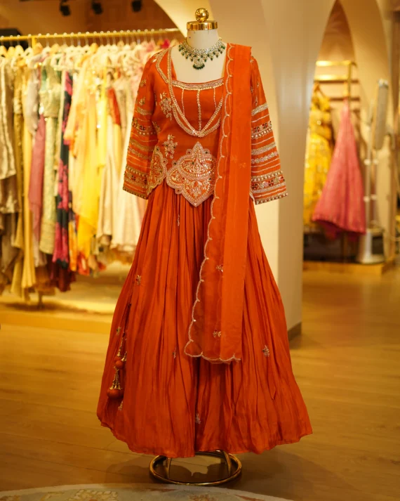 Rust Lehenga With Organza Hand Work Blouse