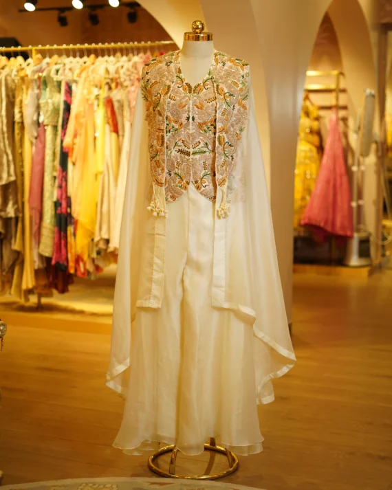 Ivory Full Hand-Work Top With Organza Cape And Pants