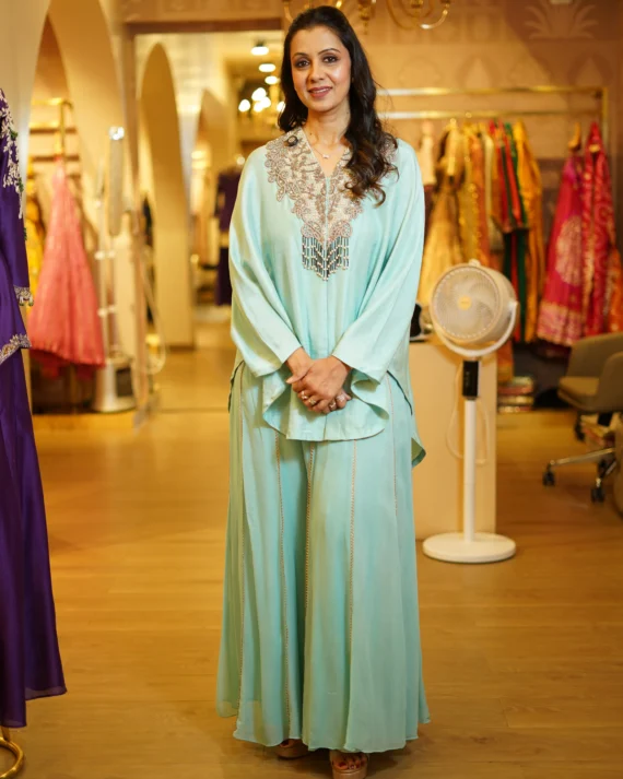 Sky-Blue Top With Hand Embroidered Neck