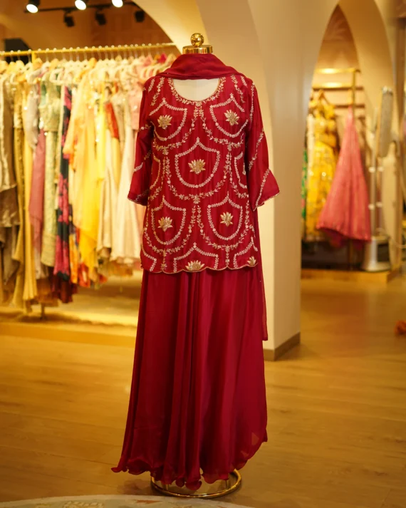 Maroon Handwork Kurta With Flared Skirt & Dupatta