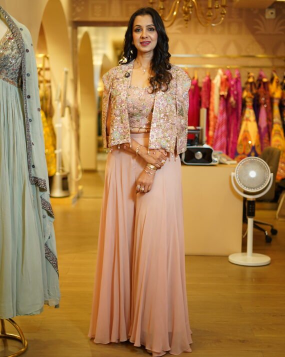 Baby Pink Palazzo Paired With A Bustier And Graceful Cape