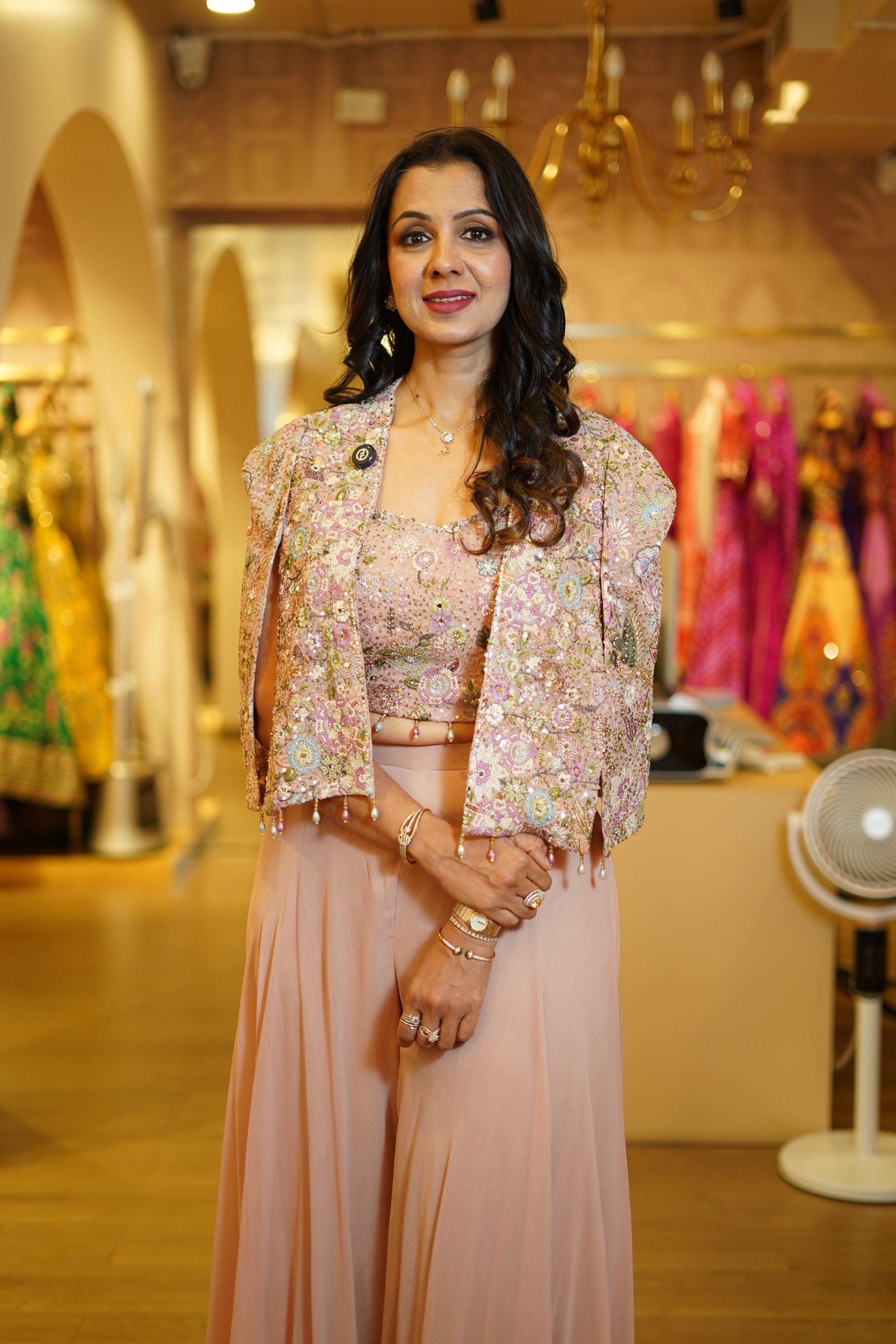 Baby Pink Palazzo Paired With A Bustier And Graceful Cape