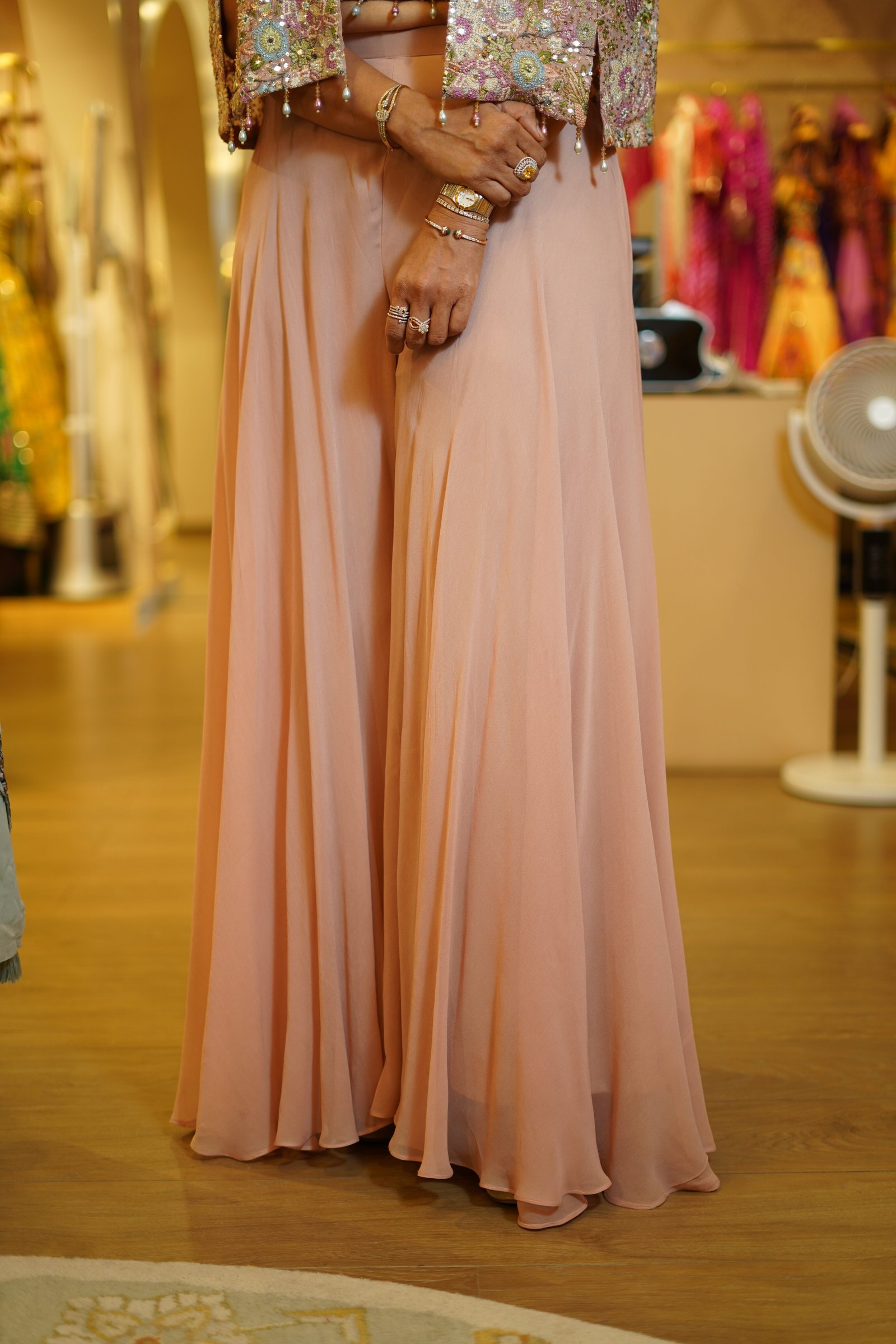 Baby Pink Palazzo Paired With A Bustier And Graceful Cape