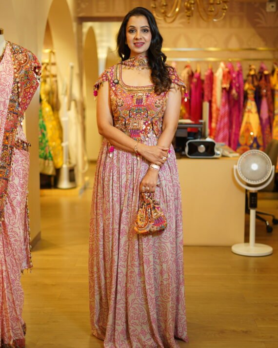 Grey And Pink Bandage Printed Skirt With Sequence Shells Work Choli And Potli