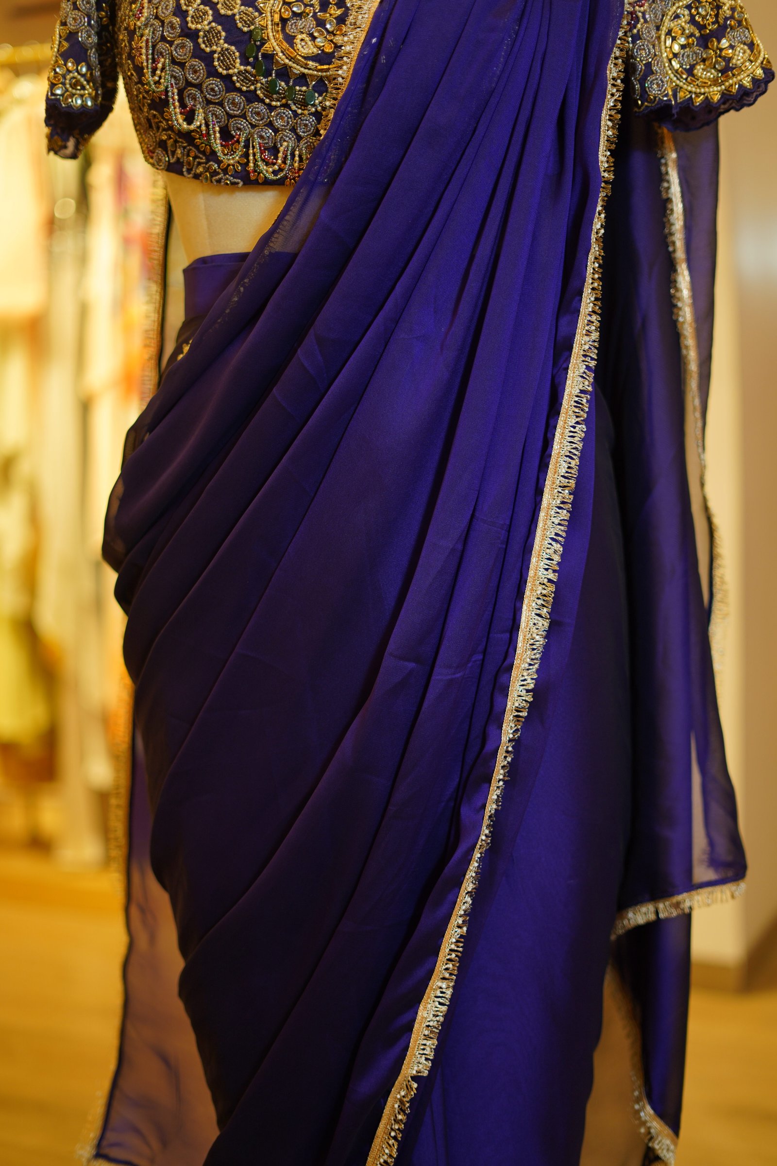 Rich Purple Drape Saree With Royal Embroidered Blouse