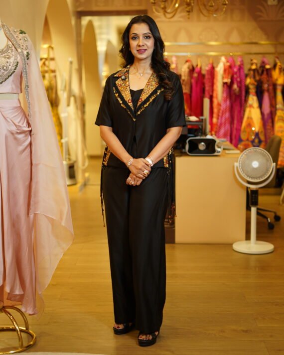 Black Co-Ordset With Hand Work Blazer Blouse And Pants