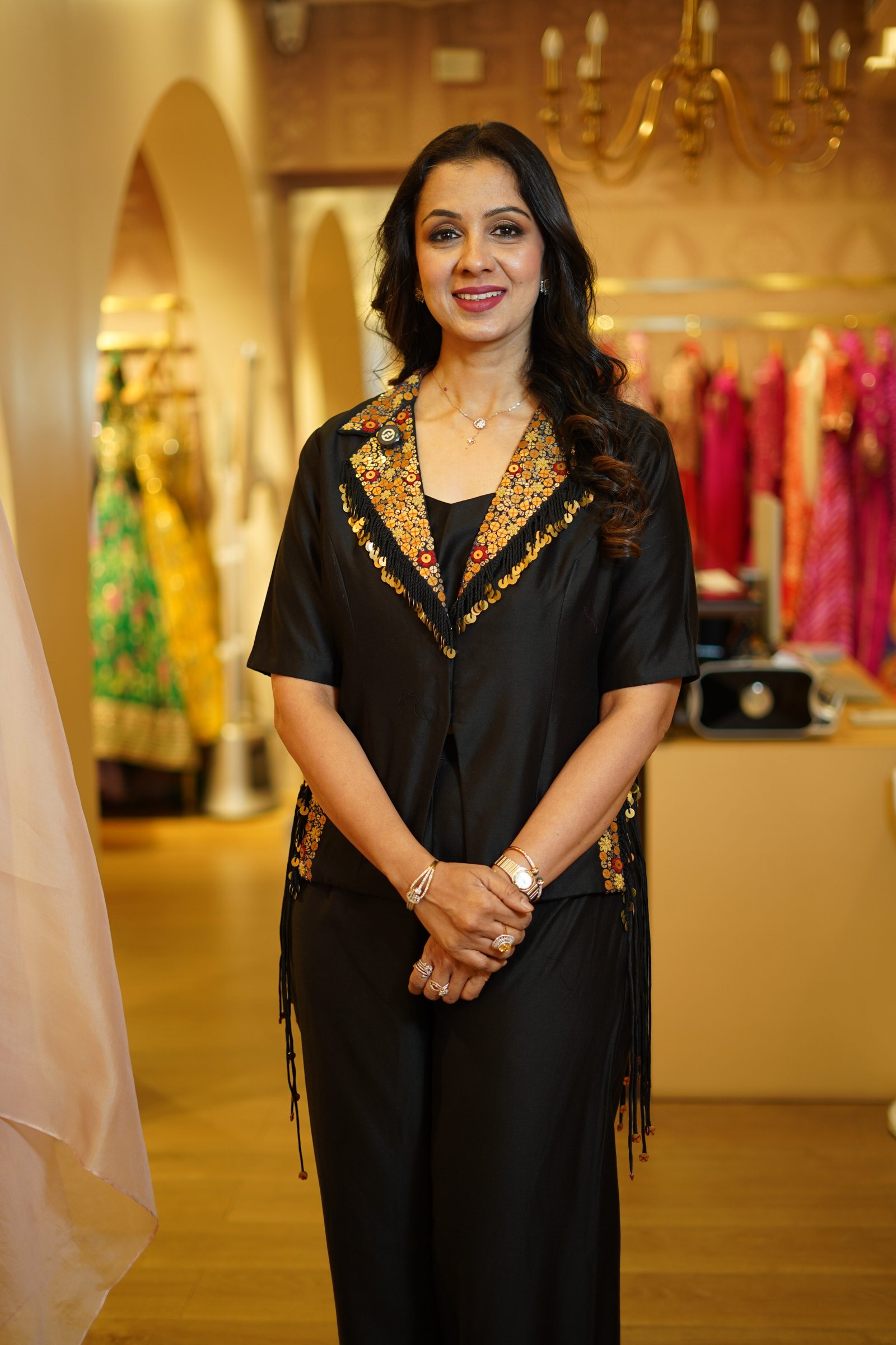 Black Co-Ordset With Hand Work Blazer Blouse And Pants