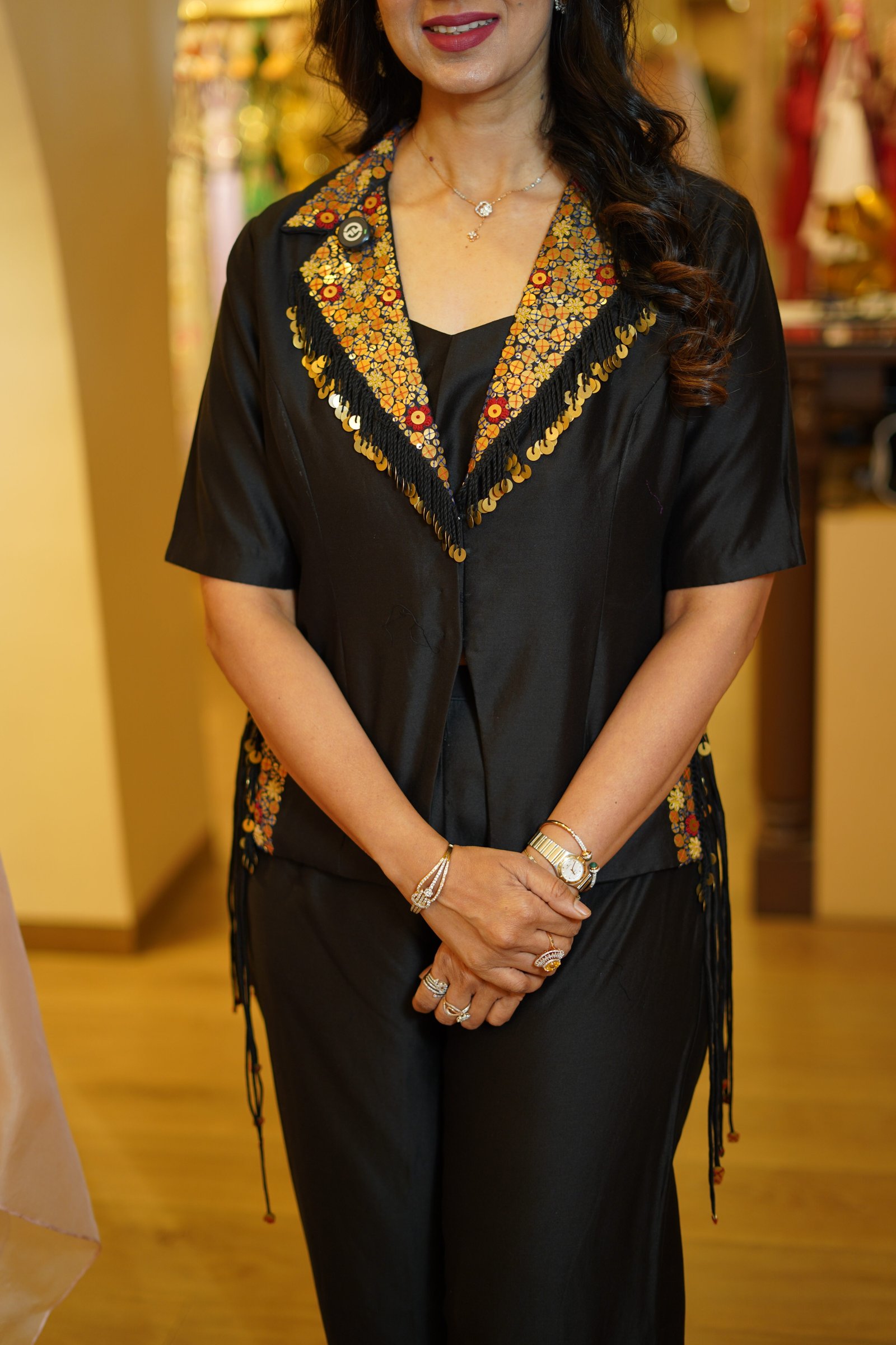 Black Co-Ordset With Hand Work Blazer Blouse And Pants