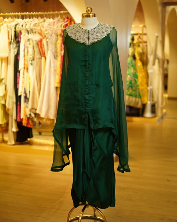 Bottle Green Silk Drape Skirt Paired With A Matching Blouse