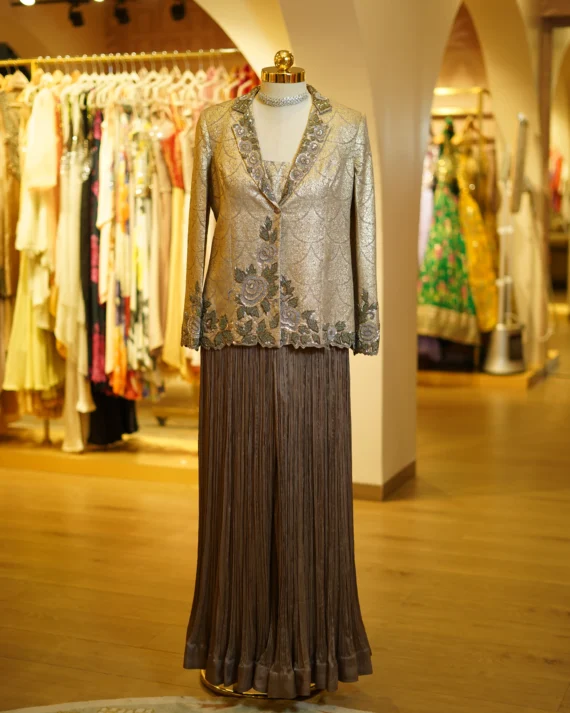 Pleated Palazzo Pants With Hand Work Blazer Set
