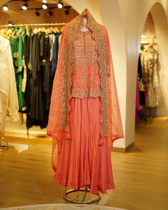 Handwork Kurta with Pleated Sharara and Organza Dupatta