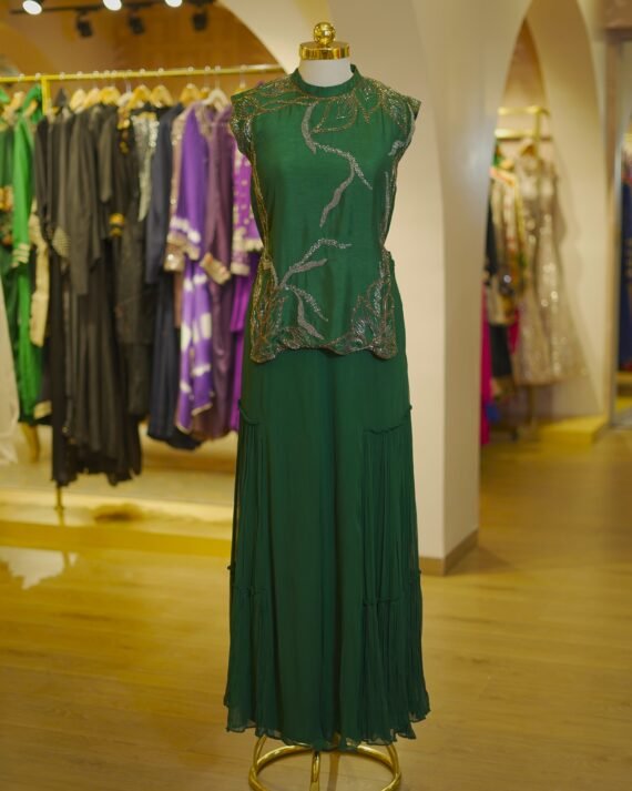 Bottle Green Embroidered Top with Pleated Georgette Pants