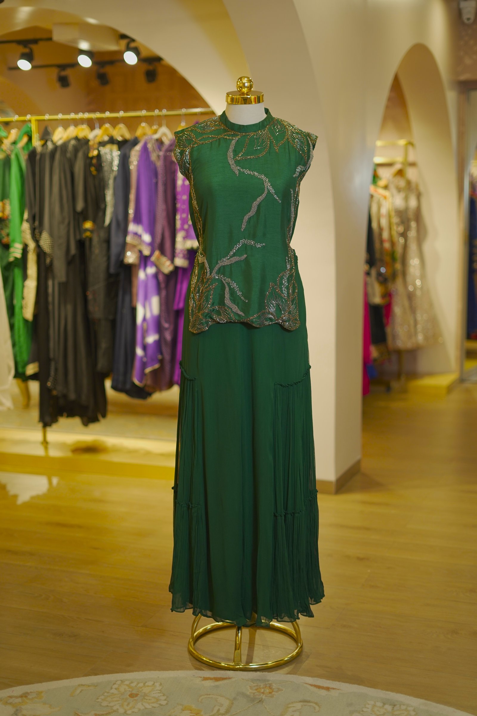 Bottle Green Embroidered Top with Pleated Georgette Pants