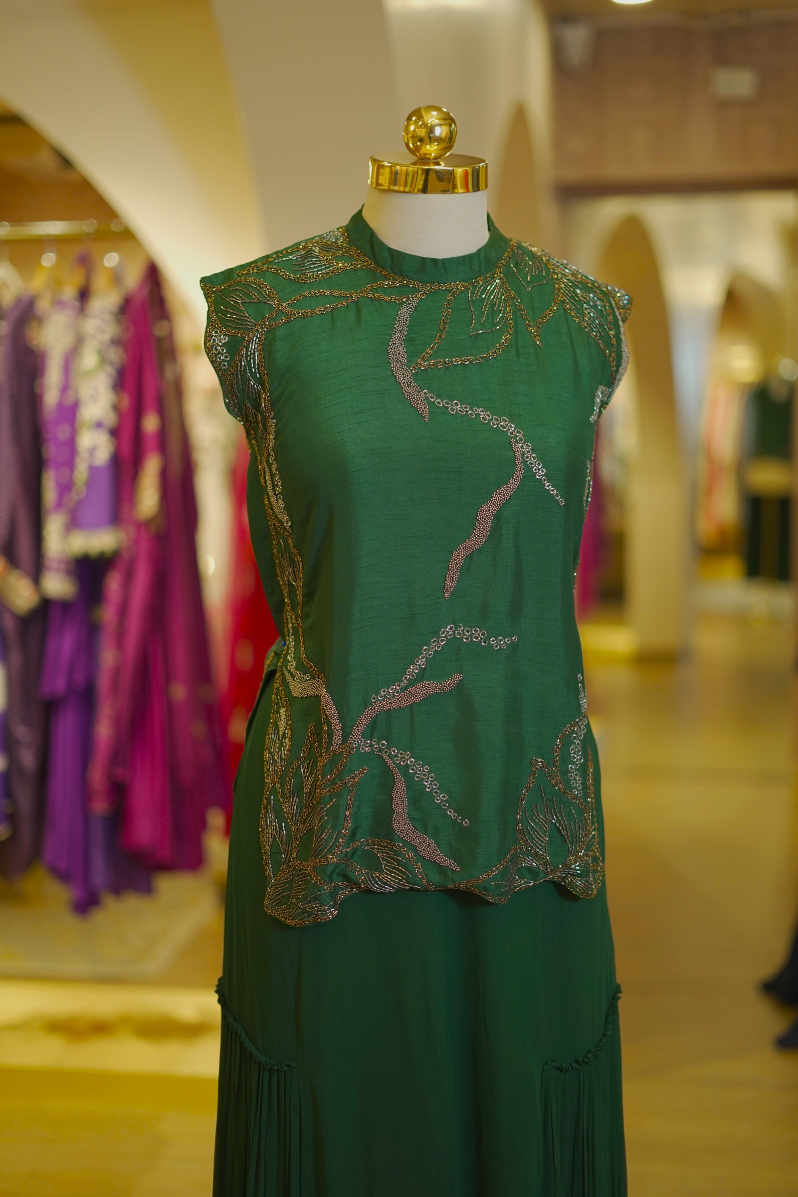 Bottle Green Embroidered Top with Pleated Georgette Pants