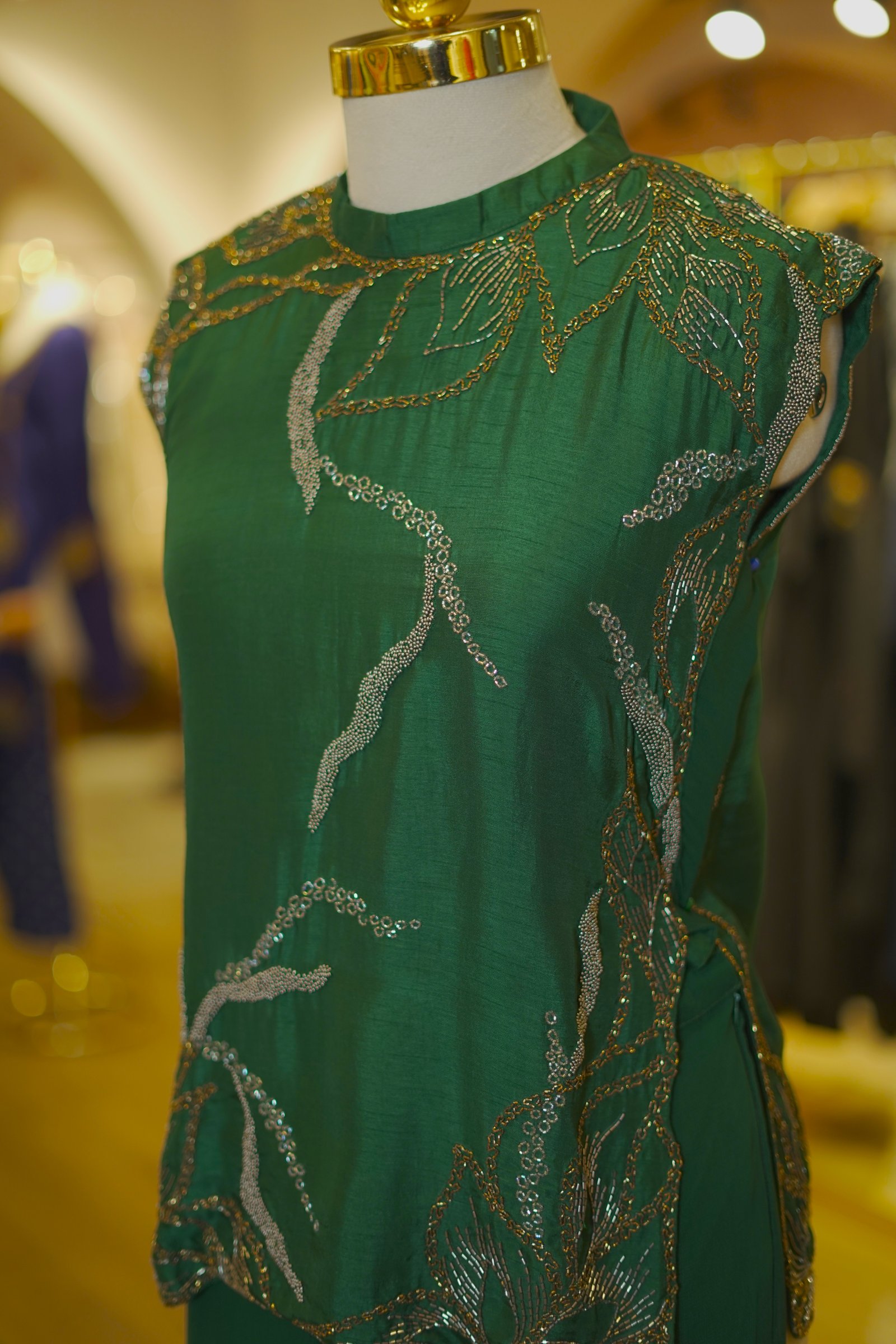 Bottle Green Embroidered Top with Pleated Georgette Pants