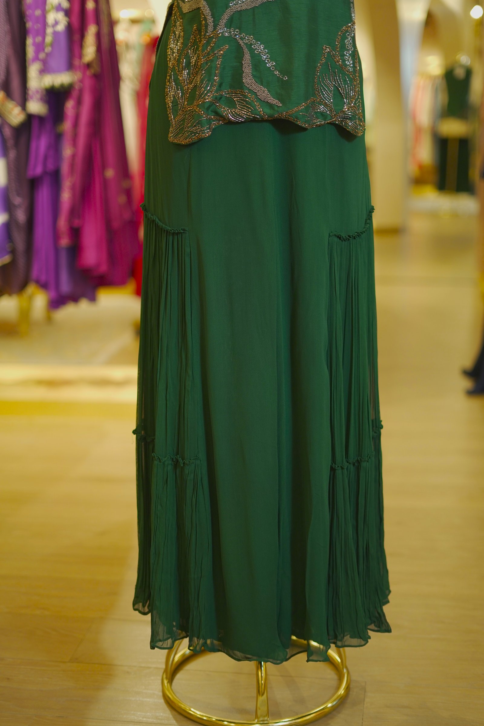 Bottle Green Embroidered Top with Pleated Georgette Pants