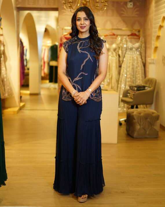 Navy Blue Embroidered Top with Pleated Georgette Pants