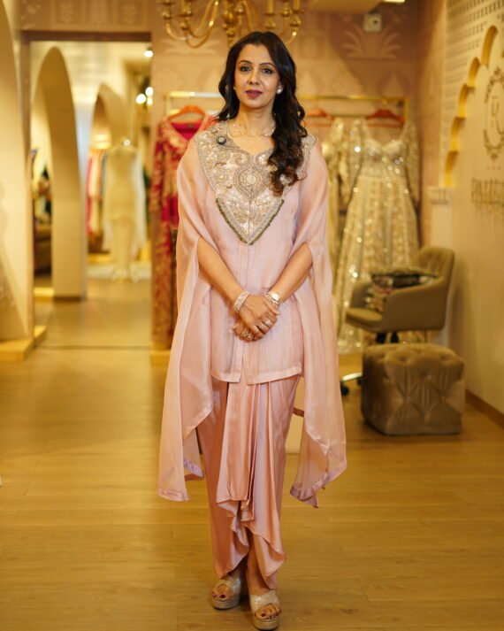 Silk Drape Skirt, Blouse and Embroidered Organza Cape – Style 1