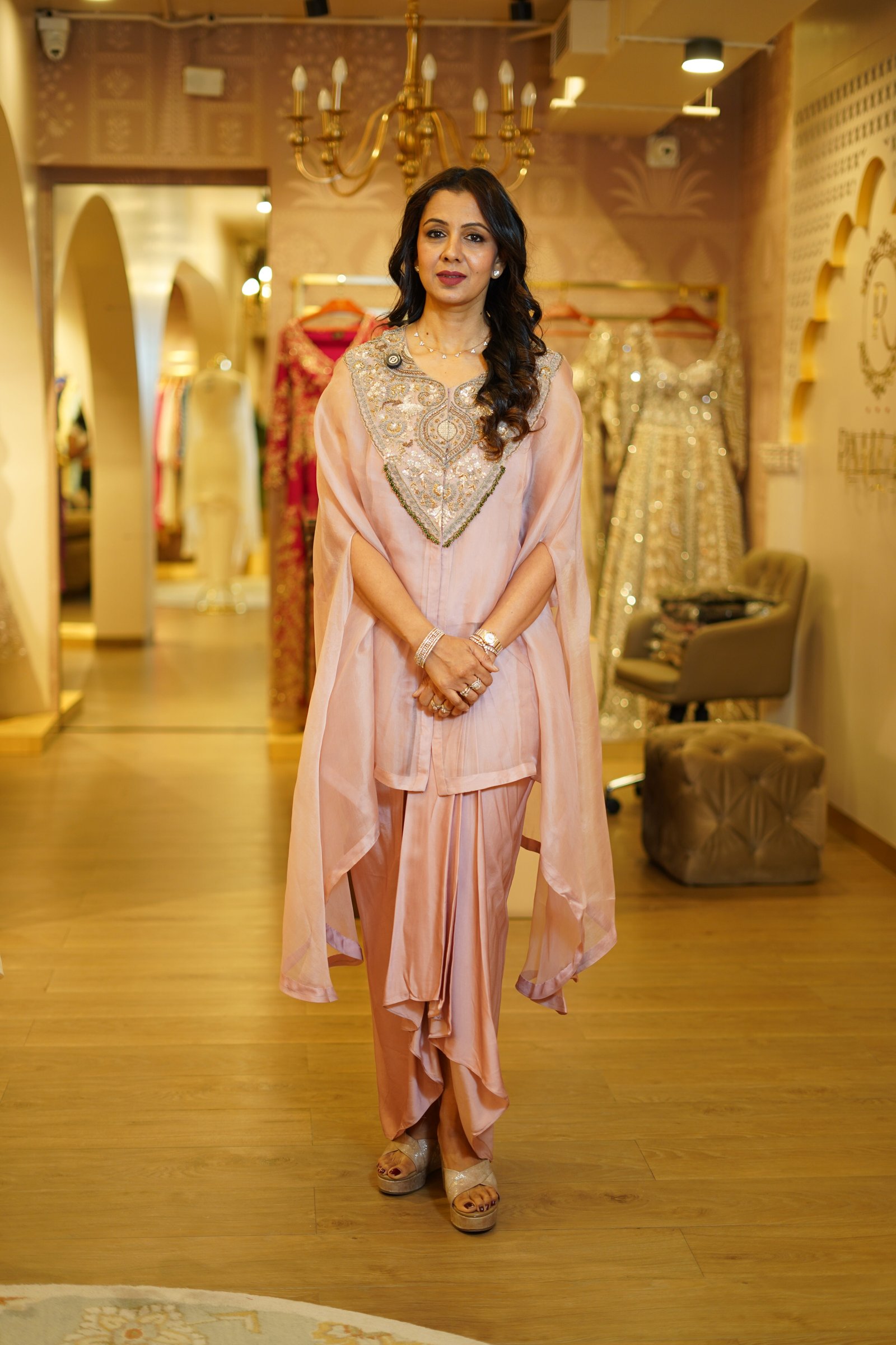 Silk Drape Skirt, Blouse and Embroidered Organza Cape – Style 1