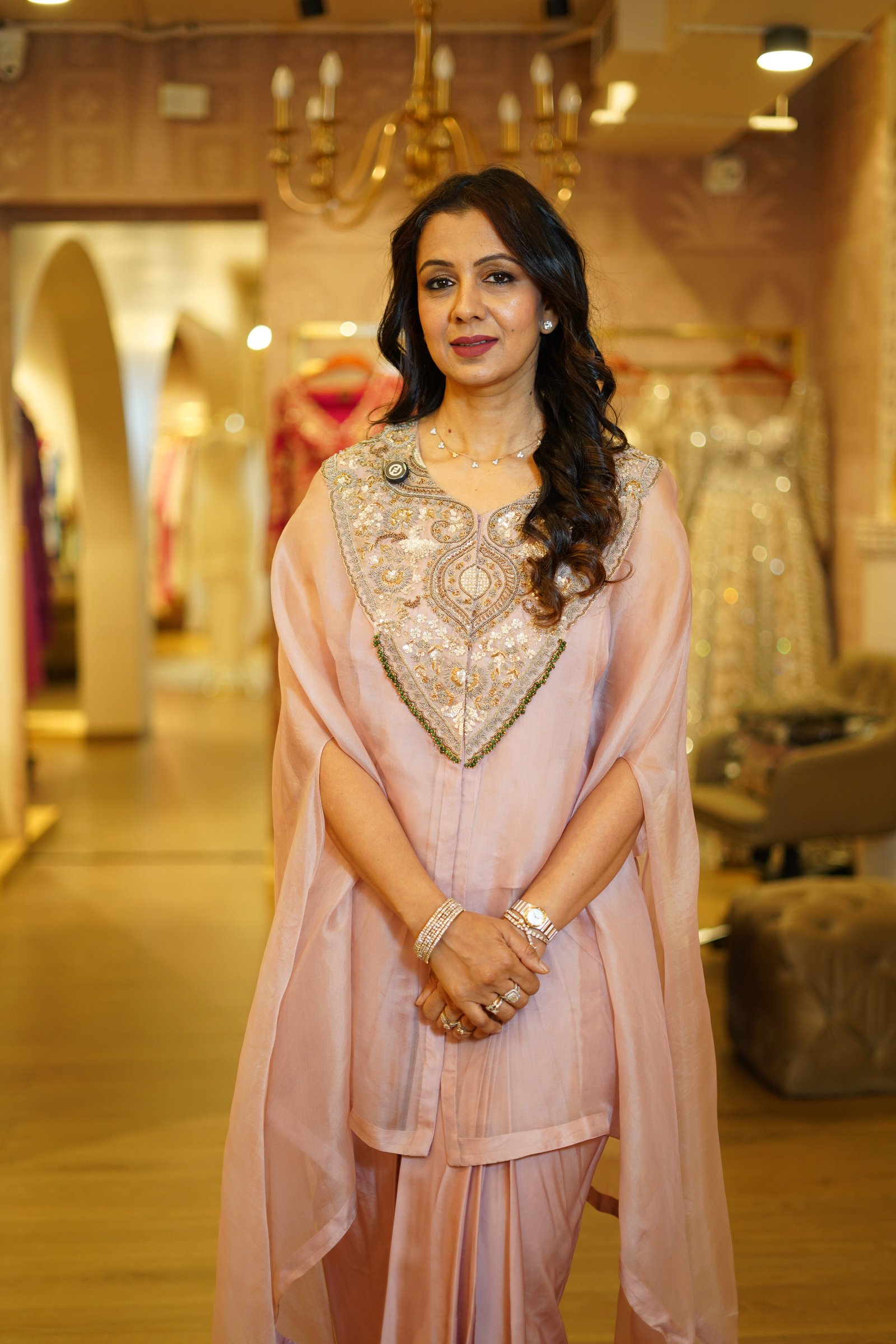Silk Drape Skirt, Blouse and Embroidered Organza Cape – Style 1