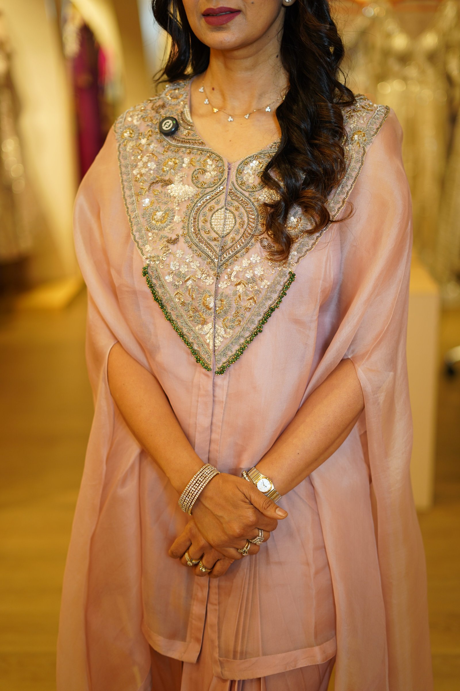 Silk Drape Skirt, Blouse and Embroidered Organza Cape – Style 1