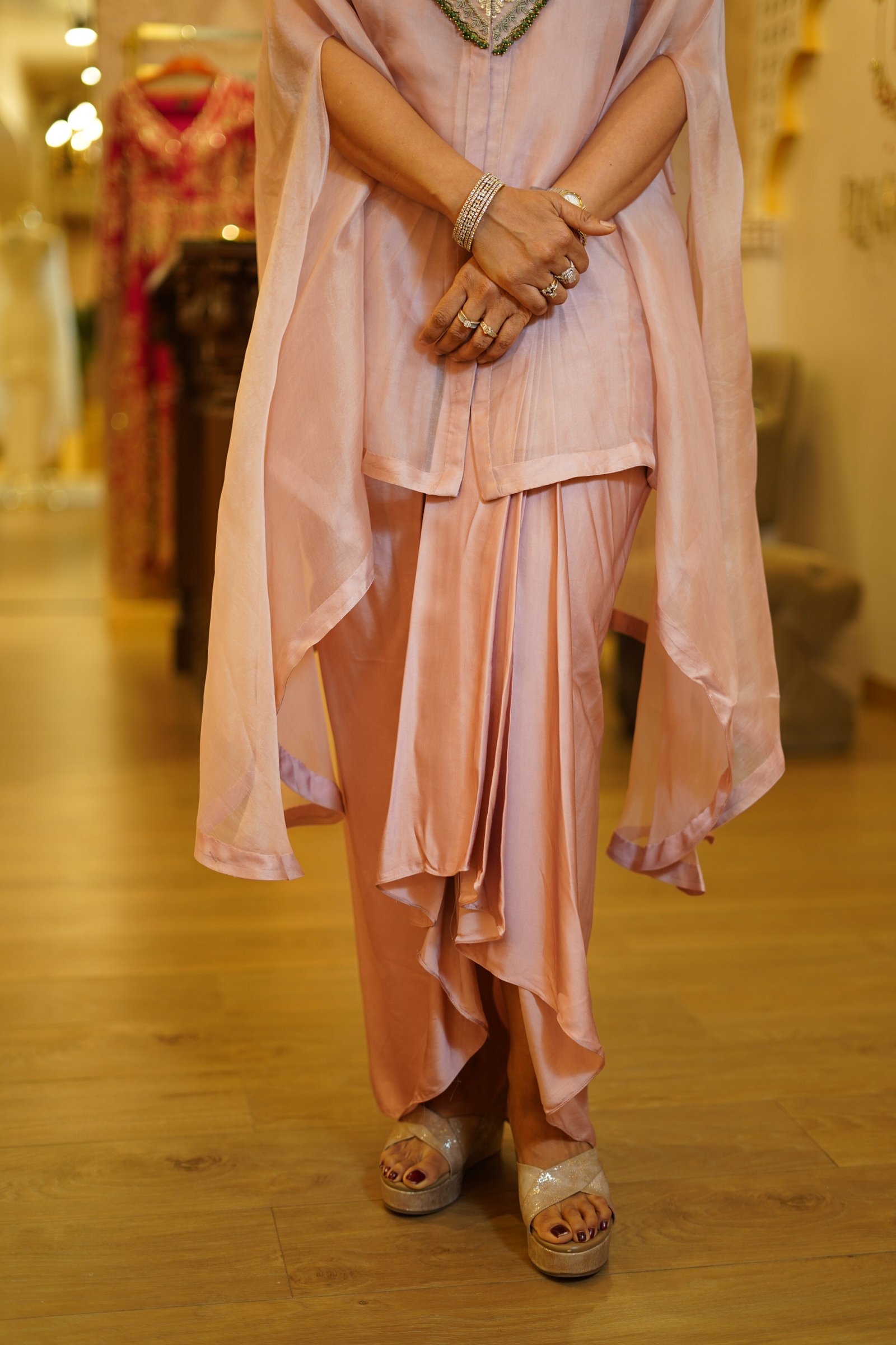 Silk Drape Skirt, Blouse and Embroidered Organza Cape – Style 1