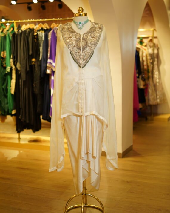 Silk Drape Skirt, Blouse and Embroidered Organza Cape – Style 2