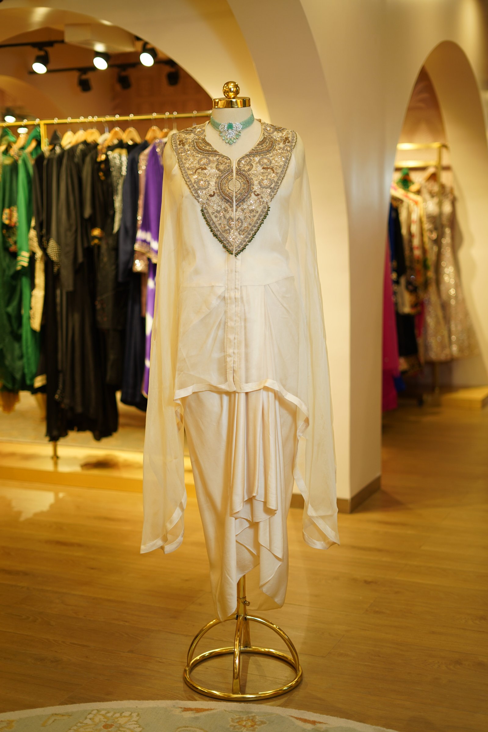 Silk Drape Skirt, Blouse and Embroidered Organza Cape – Style 2