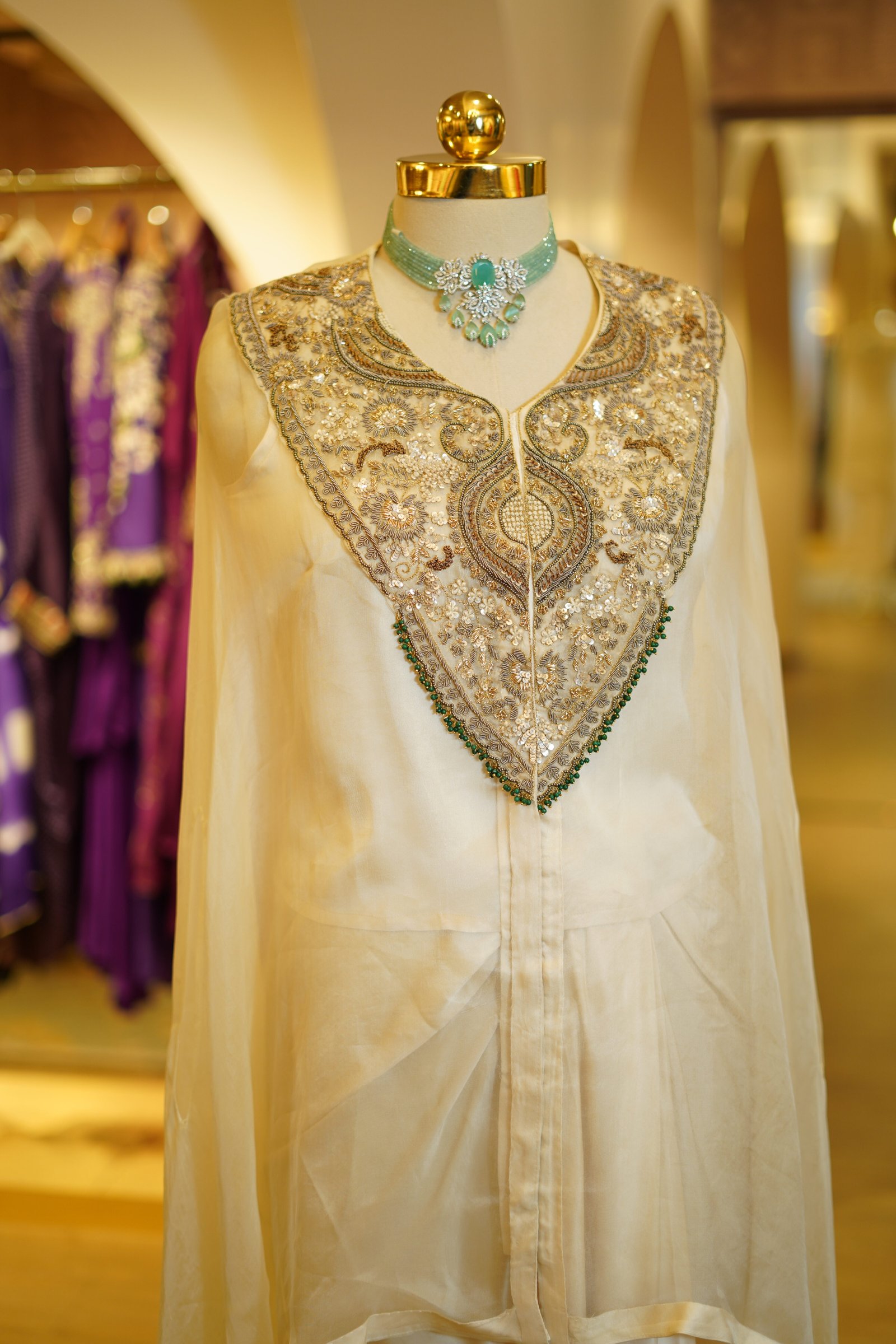 Silk Drape Skirt, Blouse and Embroidered Organza Cape – Style 2