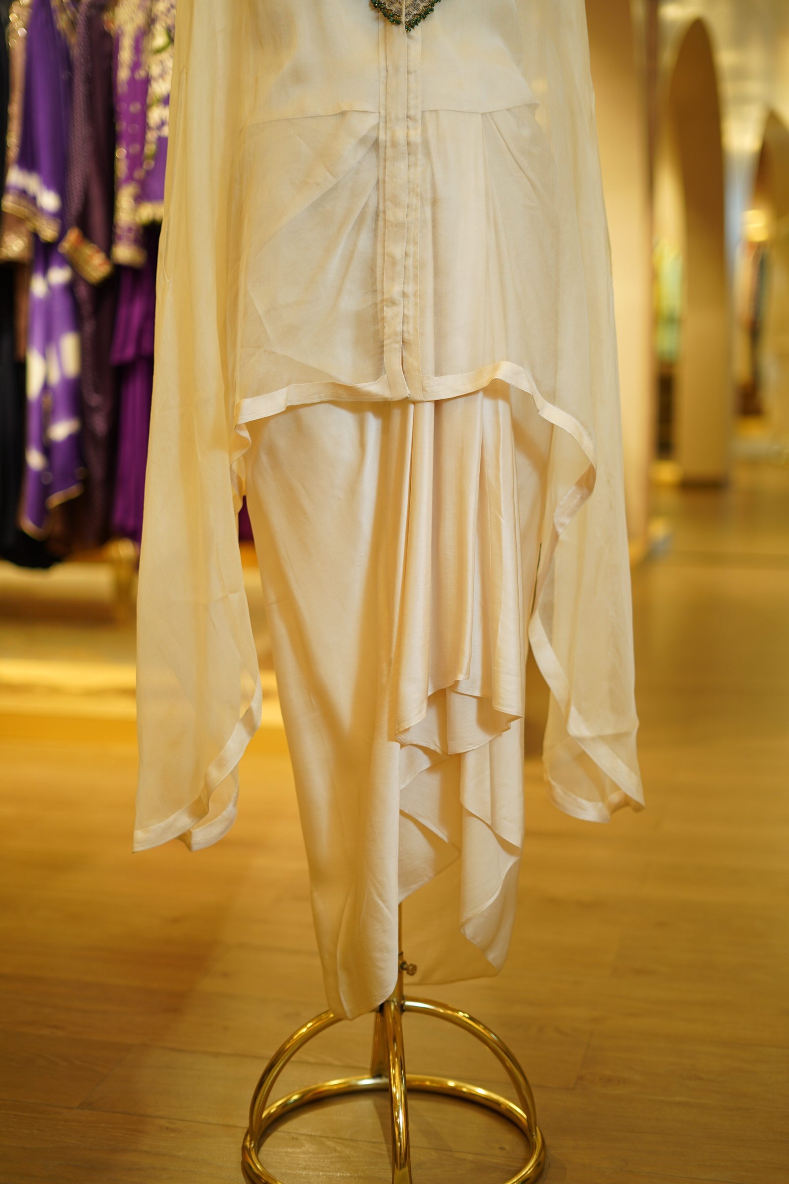 Silk Drape Skirt, Blouse and Embroidered Organza Cape – Style 2