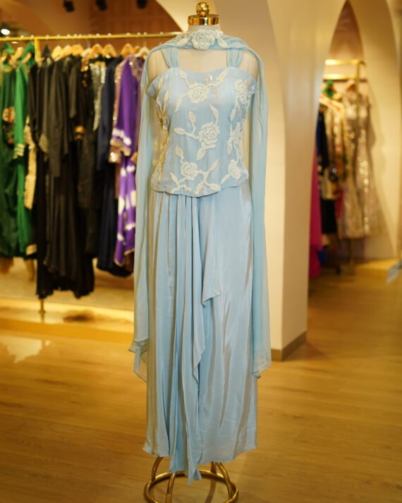 Powder Blue Drape Skirt with Pearl Work Top